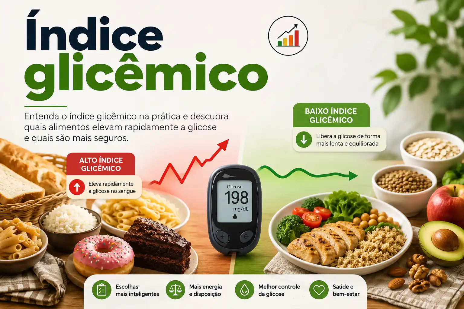 Entenda o índice glicêmico na prática e descubra quais alimentos elevam rapidamente a glicose e quais são mais seguros.